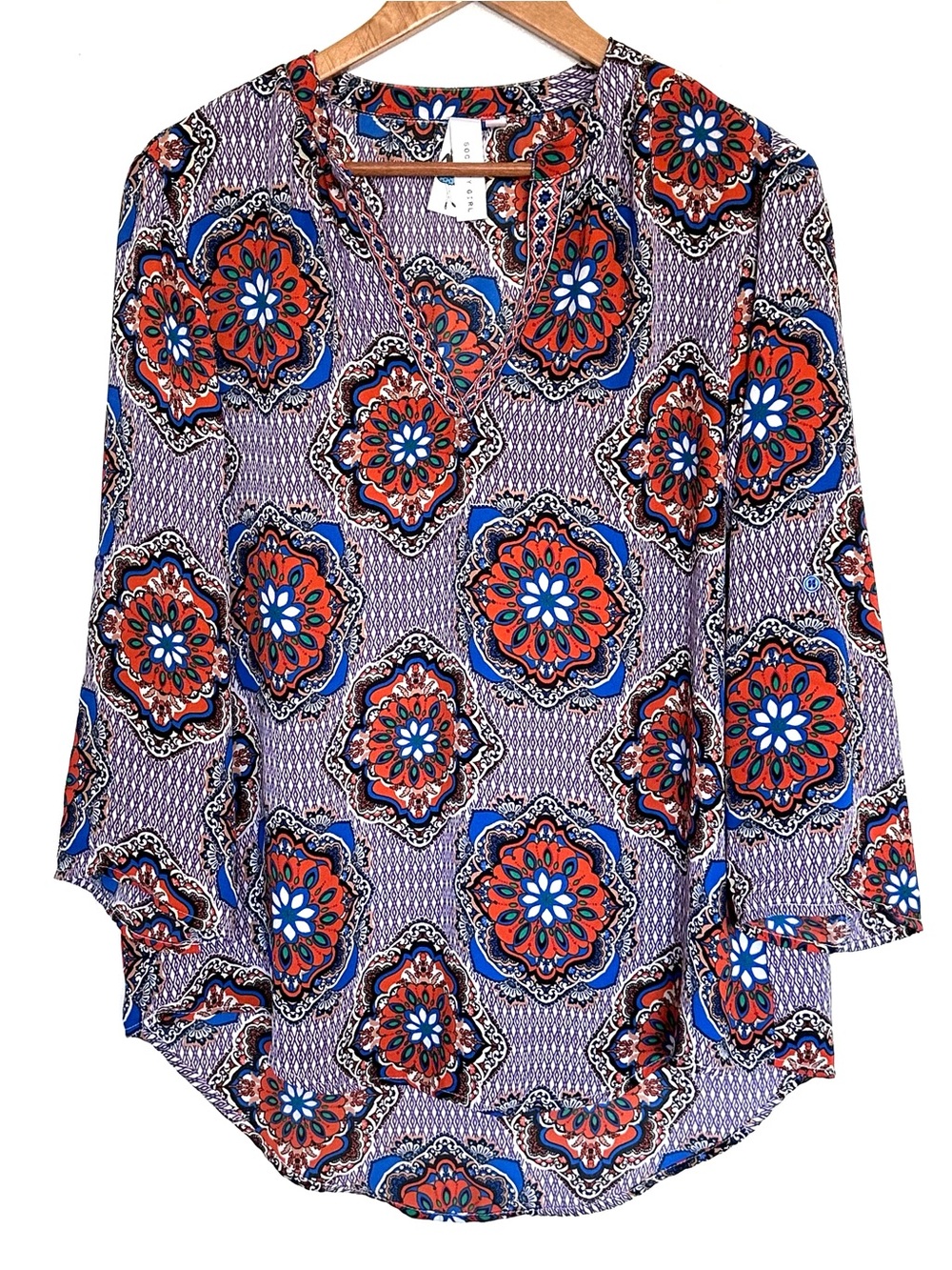 Society Girl Shirt Women’s XL Geometric Boho Sheer 3/4 Roll Tab Sleeve Blouse